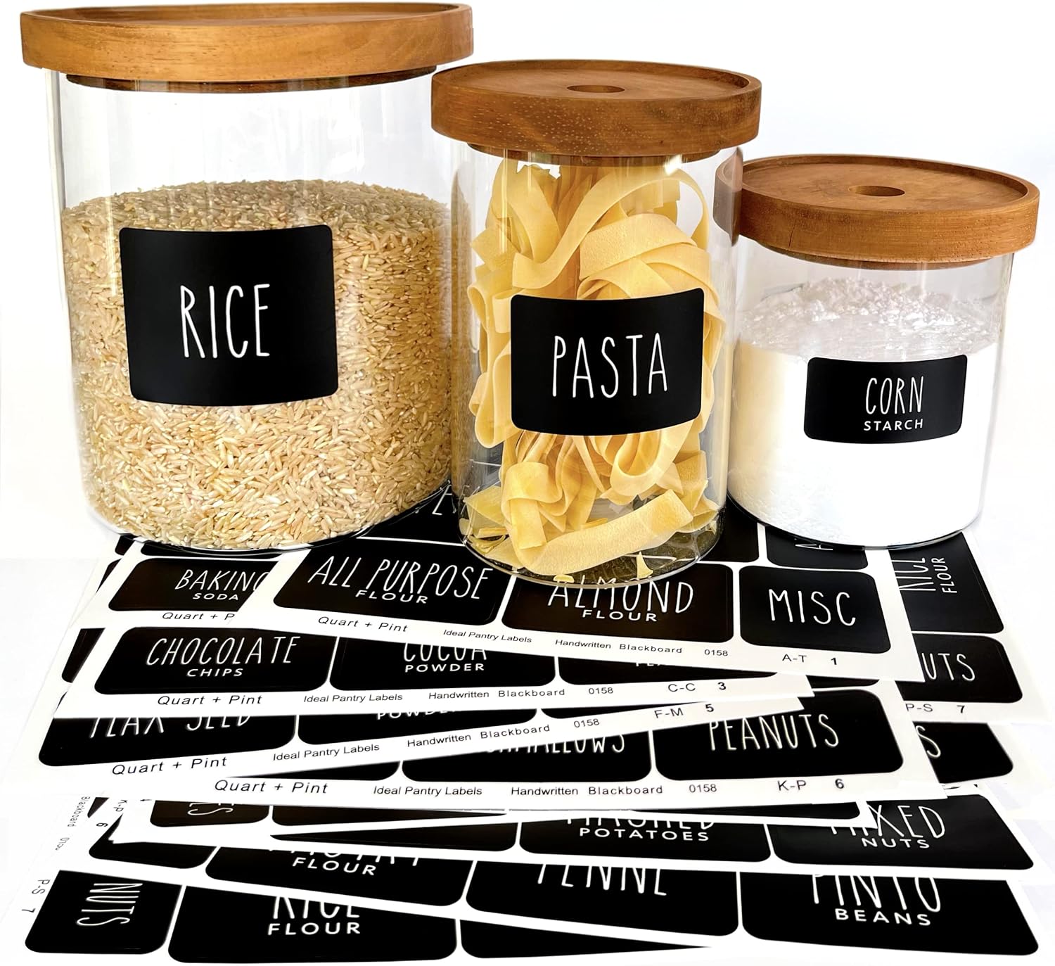 134 Glossy Kitchen Pantry Labels for Containers. Preprinted Retro Handwritten Style. Black Sticker White Text. Waterproof Stickers. Organization Labels for Jars Canisters & Storage Bins