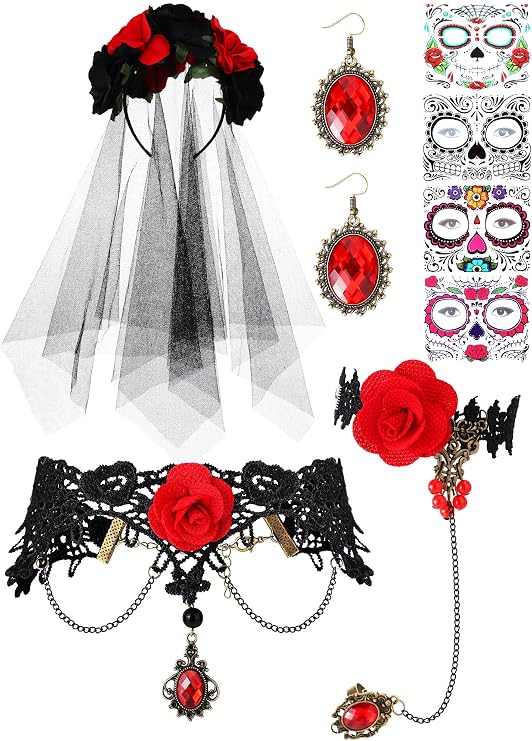 Hicarer Day of the Dead Accessories for Women, 5 Pcs Halloween Gothic