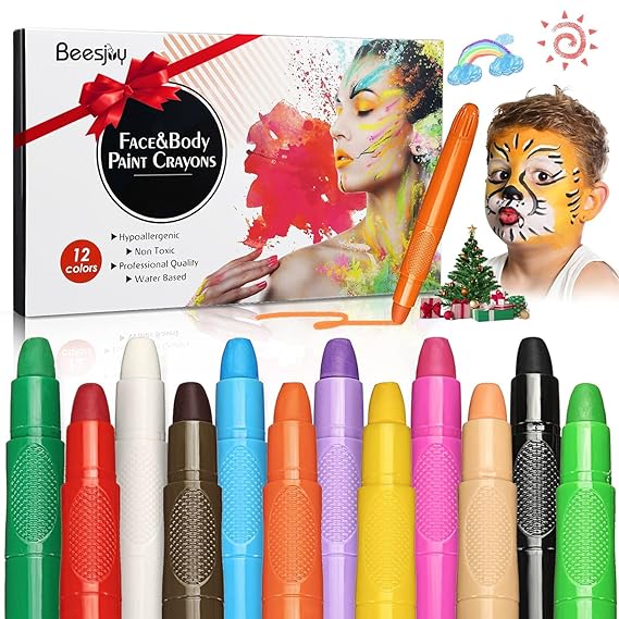 Beesjuy Face Painting Kits for Kids,12 Color Water Based Face Paint Kit, Washable Kids Body Paint for Makeup, for Birthday, Halloween, Thanksgiving Day, Cosplay Makeup, Gifts for Children
