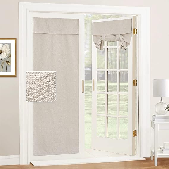 RYB HOME Linen Blended French Door Curtains, Self Adhesive Shades