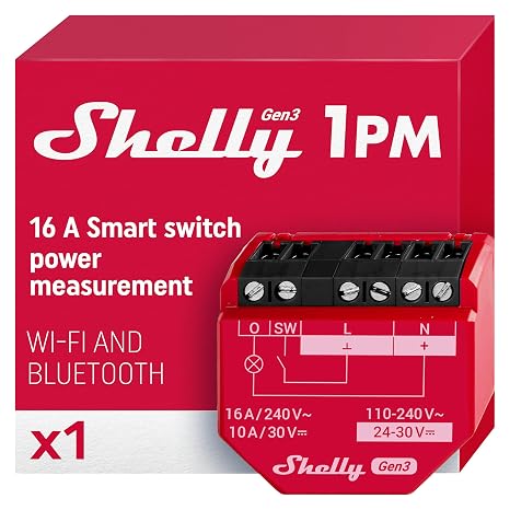 Shelly 1PM Gen3 | WLAN relay switch, current metered, 16 A, light control, garage door opener, Alexa Google Home, mat compatible, iOS and Android app, no hub required