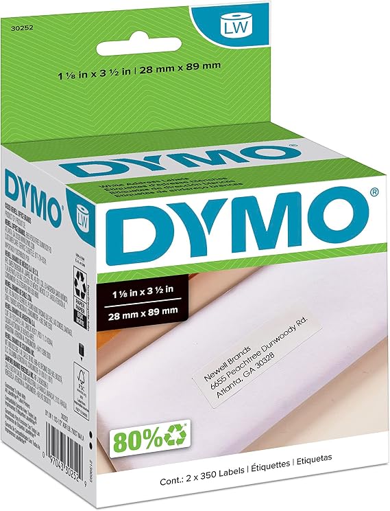 DYMO Authentic LW White Mailing Address Labels, For LabelWriter Label Printers, 1-1/8" x 3-1/2", 2 Rolls of 350 (700 Total)