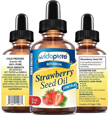 MYVIDAPURE STRAWBERRY SEED OIL 100% Pure Unrefined Virgin Cold Pressed. Moisturizer for Face, Skin, Hair, Nails, Scars, Anti Aging Omega 6 Vitamin C 1 Fl Oz