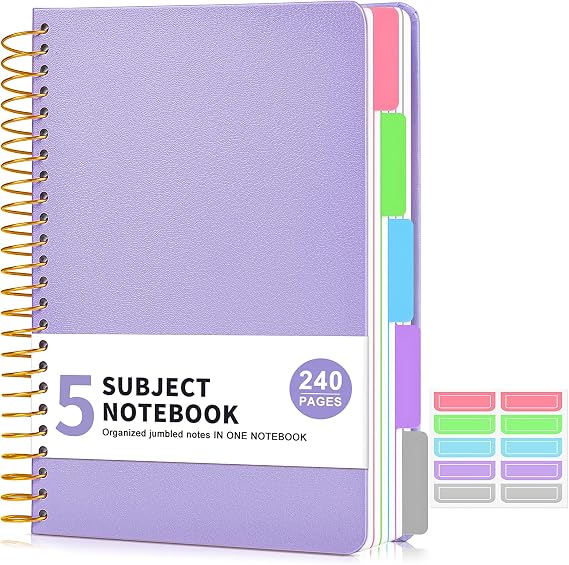 5 Subject Notebook College Ruled 240 Pages, A5(5.8"x8.3") Hardcover Spiral Notebook with Removable Pocket Dividers Tabs, Lined Spiral Journal Notebook for Women, Notebooks for Work School Note taking purple