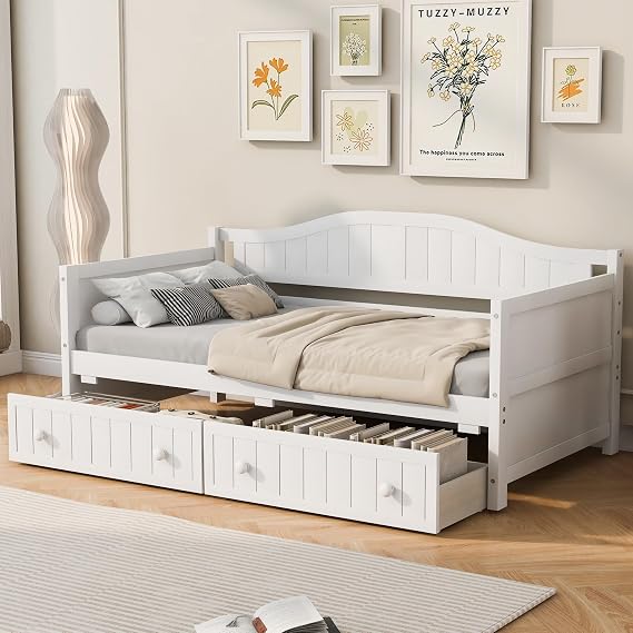 Harper & Bright Designs Twin Size Daybed with Storage Drawers, Sturdy Pine Wood Corner Bed Frame with Headboard, Farmhouse Daybed for Bedroom Living Room, No Box Spring Needed, White