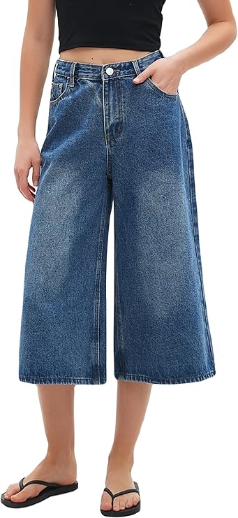 LifeShe Wide Leg Cropped Jeans for Women Low Rise Baggy Capris Jean Summer Straight Leg Loose Denim Pants