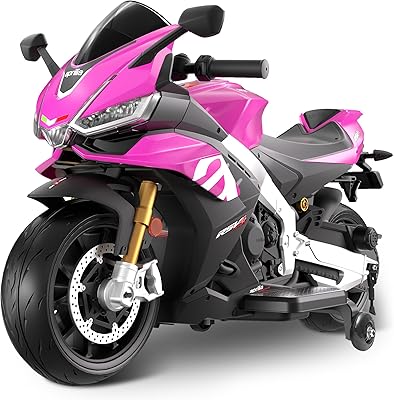 Kids Electric Motorcycle, Licensed Aprilia RSV4 24V Battery Powered Ride on Motorbike with Headlight, Music, Wireless, Electric Dirt Bike wTraining Wheels for Toddler Boys Girls Pink