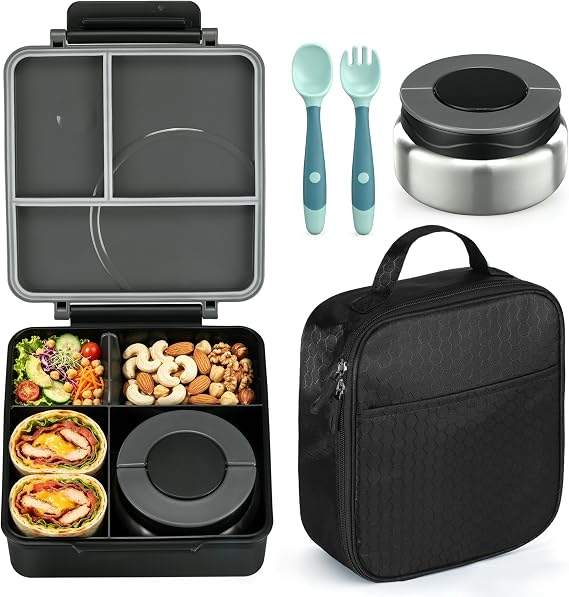Bento Lunch Box Set for Kids with 8oz Soup Thermo, Leak-Proof Lunch Containers with 4 Compartment, Kids Thermo Hot Food Jar and Insulated Lunch Bag for Kid to School-Black