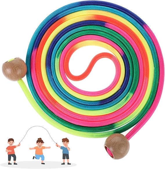 Long Jump Rope for Kids 16 FT Adjustable Skipping Rope Multiplayer Rainbow Jumping Rope with Wooden Ball Handle for School and Outdoor Activities