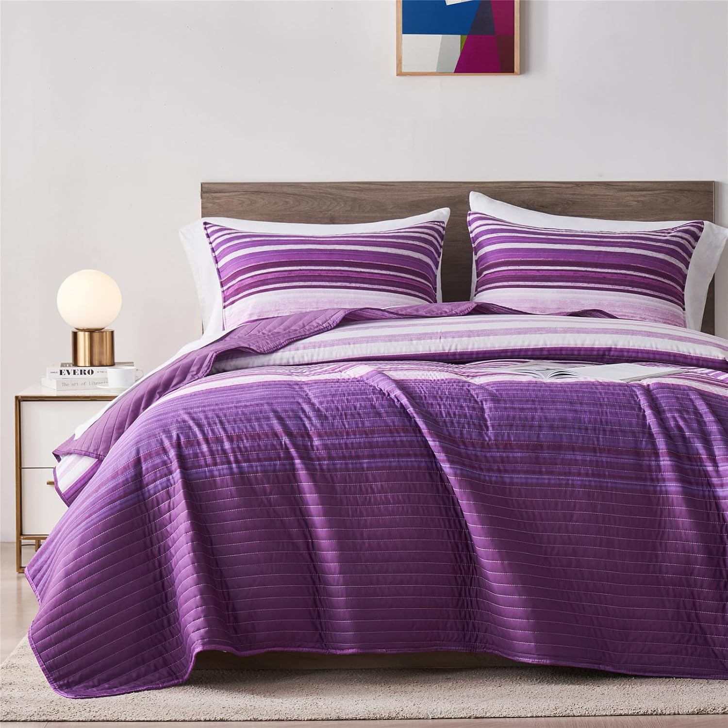 KAKIJUMN Twin Quilt Bedding Set, White and Purple Patchwork Striped Quilt Set, 2 Pieces Soft Lightweight Bedspread Coverlet Set with 1 Pillow ShamPurple,Twin