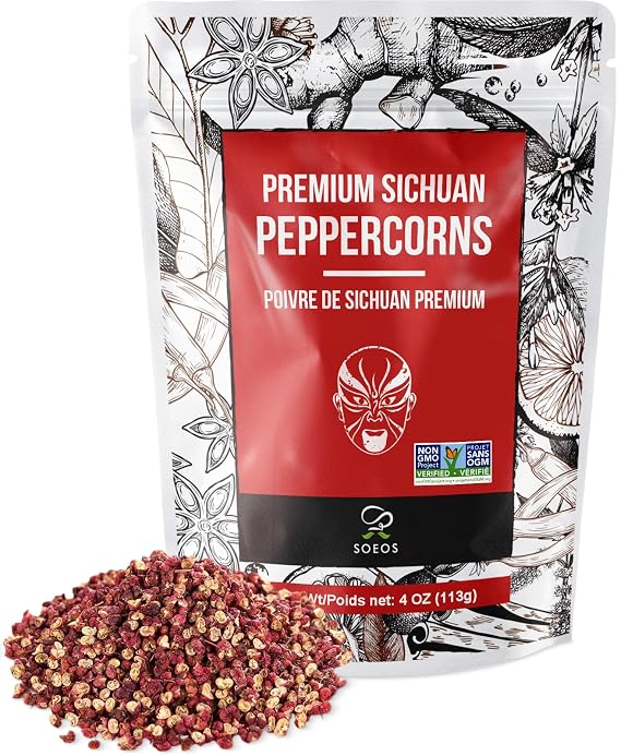 Soeos Sichuan Peppercorns, 4 Ounce(113g), Authentic Szechuan Red Peppercorn, Numbing and Tingle Effect, Less Seeds, Strong Flavor, Essential for Mapo Tofu, Kung Pao Chicken and Asine Cusine