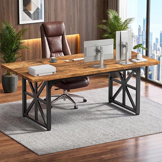 71" Executive Desk, Large Office Computer Table for Home Work, Rustic Brown