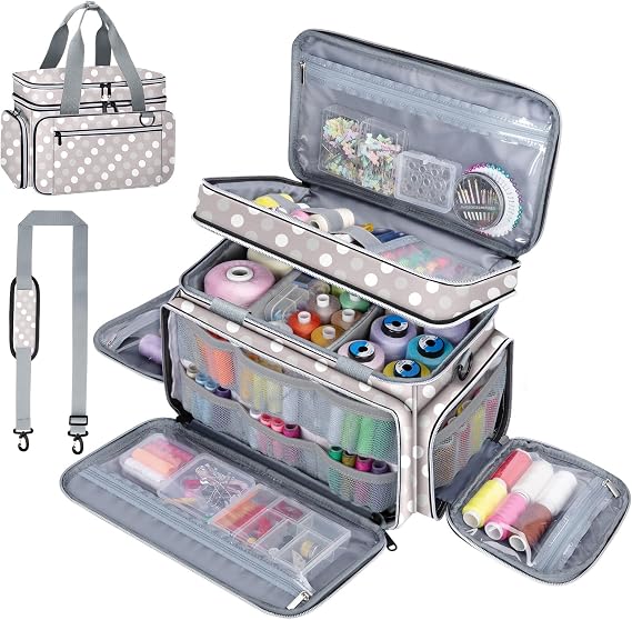 Anitor Large Sewing Supplies Organizer, Double Layer Sewing Storage Organizer with Two Detachable Dividers, Travel Sewing Bag Organizer with Shoulder Strap for Accessories, Round Dot, (Bag Only)