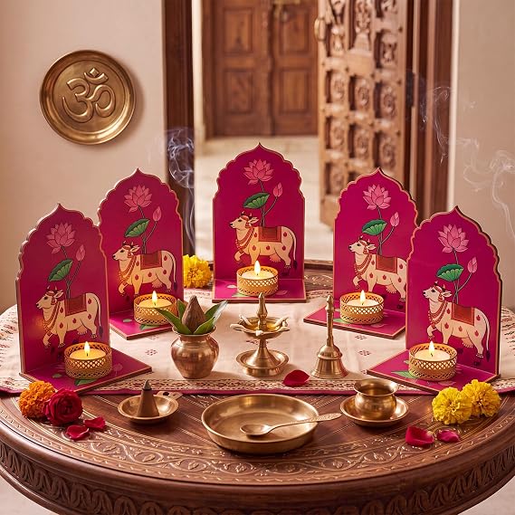 DoubleFill 12 Pack Indian Decorations for Pooja Candle Holder, Kamdhenu Cow