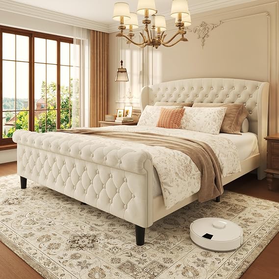 HISOFT Queen Platform Bed Frame, Velvet Upholstered Sleigh Bed with Wingback Tufted Headboard and Footboard, Noise-Free Design, Easy Assembly, No Box Spring Needed, Light Beige