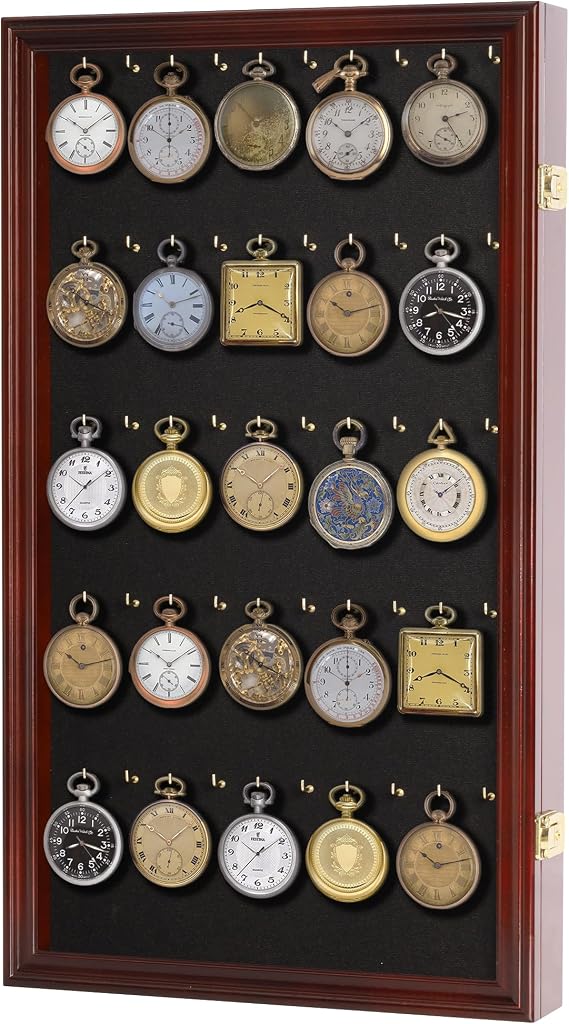 DisplayGifts 25 Pocket Watch Display Case Golf Bag Tag Collection Display Case Shadow Box with Small Hooks Mahogany Finish