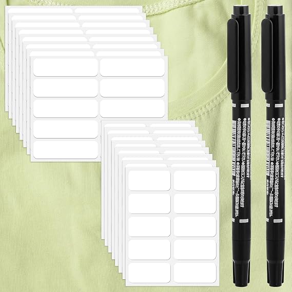 300Pcs Clothing Labels No Iron Laundry Labels Self-Stick Fabric Labels for Clothes Washable with 2Pcs Permanent Fabric Markers for Nursing Home School Daycare Laundry Shop Supplies, 2 Sizes