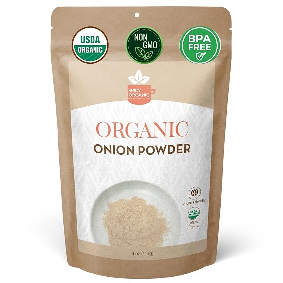 SPICY ORGANIC Onion Powder 4 oz. Certified USDA Organic - Non-GMO - White Onion Powder Seasoning for Dressings, Dips, Casseroles, Meat, Poultry, Baking, Sauces, Gravies, and Flavoring for Snacks