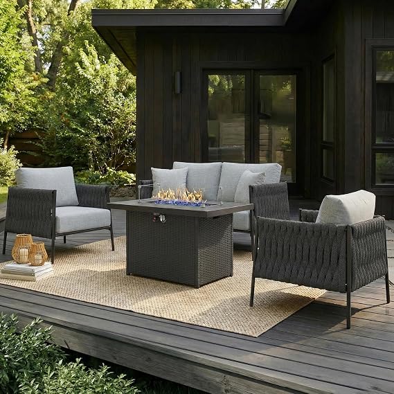 LayinSun 4 Piece Outdoor Furniture Set with Fire Pit Table, Modern Rope Woven Patio Conversation Sofa Set with Olefin Braid and Deep Seating