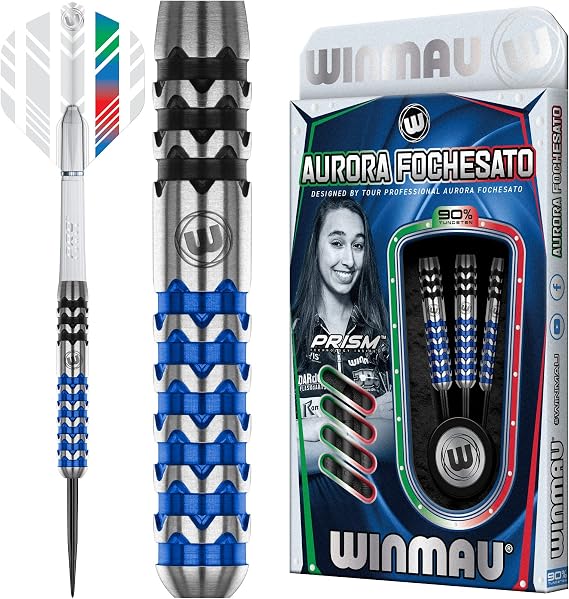 Winmau Aurora Fochesato 22 Gram Professional Steeltip Tungsten Darts Set with Flights and Stems (Shafts)