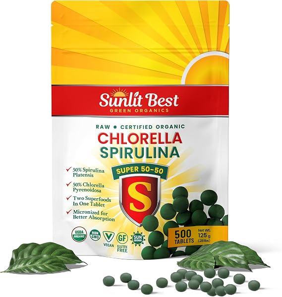 Sunlit Best Organic Chlorella Spirulina Tablets, Vegan Protein Iron, 500CT