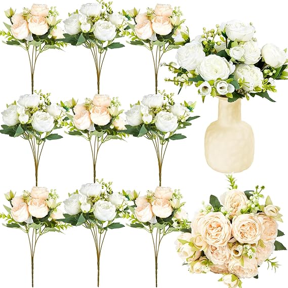 Jexine 12 Bundles Silk Artificial Peonies Flowers Faux Peony Bouquet Fake Peonies Artificial Flowers Bouquets for Vase Floral Arrangements Wedding Home Table Decoration (White,Champagne)