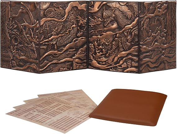 DND DM Screen 5e - D&D Dungeon Master Screen 3D Faux Leather with Customizable Inserts - Dungeons & Dragons GM / Game Master Accessories Gift for Man or Woman. Hide Dice Rolls, Maps & Books (Bronze).