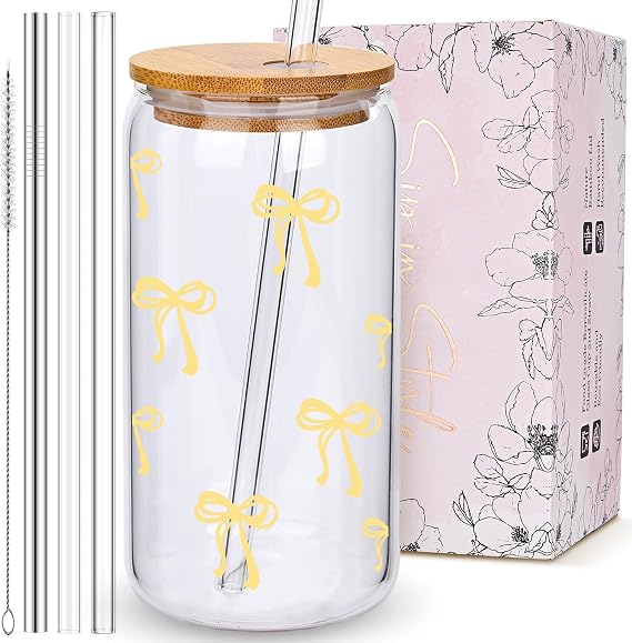 Coquette Cute Pastel Yellow Bow Summer Glass Cups with Lids and Straws, Aesthetic Iced Coffee Cup Girly Preppy Tumbler Mug, Christmas Valentines Birthday Gifts for Women, Teen Girl Gifts Trendy Stuff