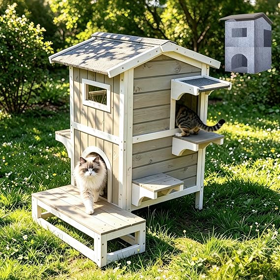 Outdoor Cat House for Feral Cats, Weatherproof Wooden Multiple Cat Shelter