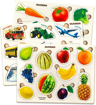 QUOKKA Wooden Puzzles for Toddlers 1-3 3xSET Kids Puzzles Ages 2-4 Montessori Toy Puzzle for Toddlers 3-5 Wood Toy Learning Realistic Fruits - Cars - Vegetables for Boy and Girl