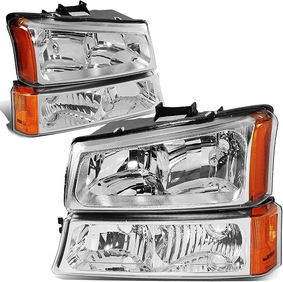 DNA MOTORING Pair Headlight Assembly Compatible with 2003-2006 Chevy Silverado 1500 2500 3500 1500 HD 2500 HD Avalanche 1500 2500, w/o Factory Cladding, Chrome/Amber, HL-OH-CS03-4P-CH-AM