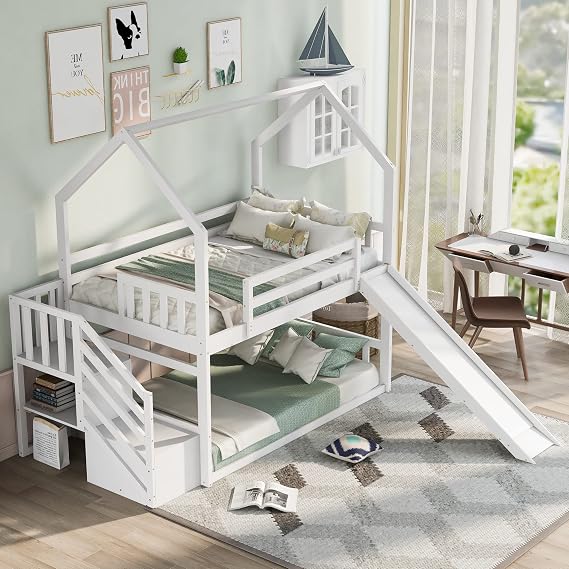 Bellemave Bunk Bed Twin Over Twin with Slides and Stairs, House Bunk Bed with roof, Twin bunk Beds for Kids, Teens, Kids bunk beds, White with Slide