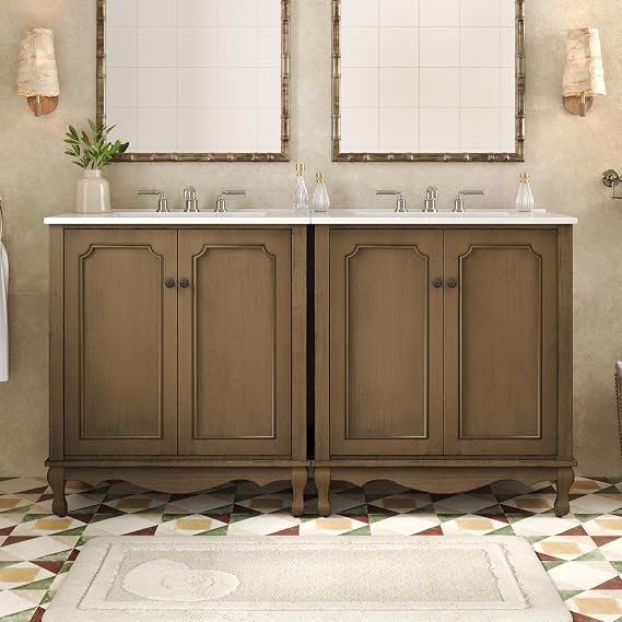 60" Double Sinks Bathroom Vanity Set, Vintage Bathroom Cabinet with 2 Separate Ceramic Sink and Antique Knobs, Wood Storage Cabinet with Adjustable Shelves, Space Saving Desig (Antique Brown/66Y)