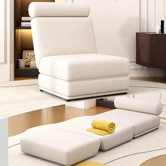 Convertible Sleeper Chair with Pillow, Lazy Sofa Bed,Reading Chairs for Adults,Linen Fabric Floor & futon Chair, Foldable Mattress for Living Room/Dorm/Guest Use/Apartment, Cream White