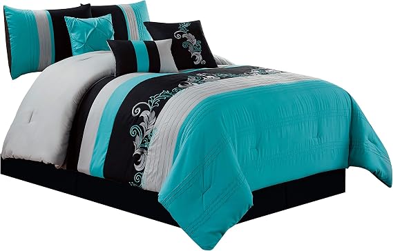 Chezmoi Collection Napa 7 Parça Lüks Yapraklar Kıvrımlı Nakış Yatak Yorgan Seti (Kraliçe, Cam Göbeği Mavisi/Gri/Siyah)