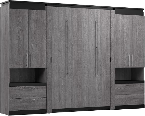 Bestar Full Murphy Bed with Storage Cabinet, Bark Grey, Orion, 120W