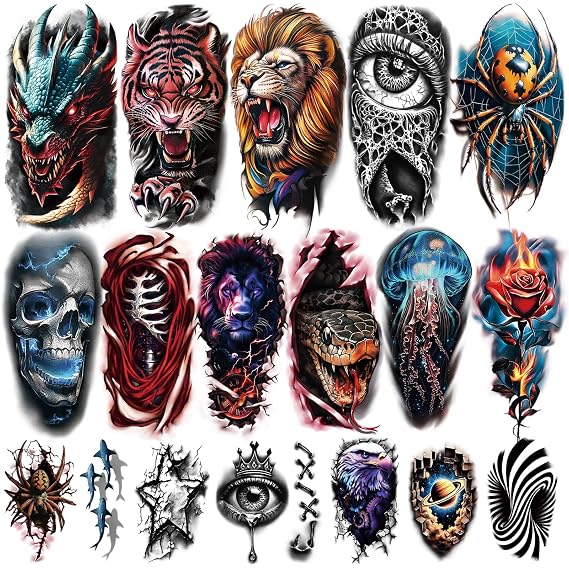 77 Sheets 3D Animals Temporary Tattoos Adults Kids Realistic Spider Dragon Tiger Lion Skull Snake Fake Tattoos for Women Men Teen, Arm Leg Thigh Back Chest Temp Tattoo Halloween Tattoos