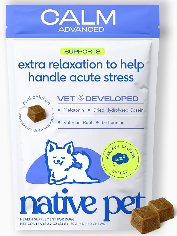 Native Pet Advanced Calming Chews for Dogs - Anxiety Relief, Stress, Separation, Travel & Sleep Support with Melatonin for Dogs, Hydrolyzed Casein, Valerian Root & L-Tryptophan -30 Chews