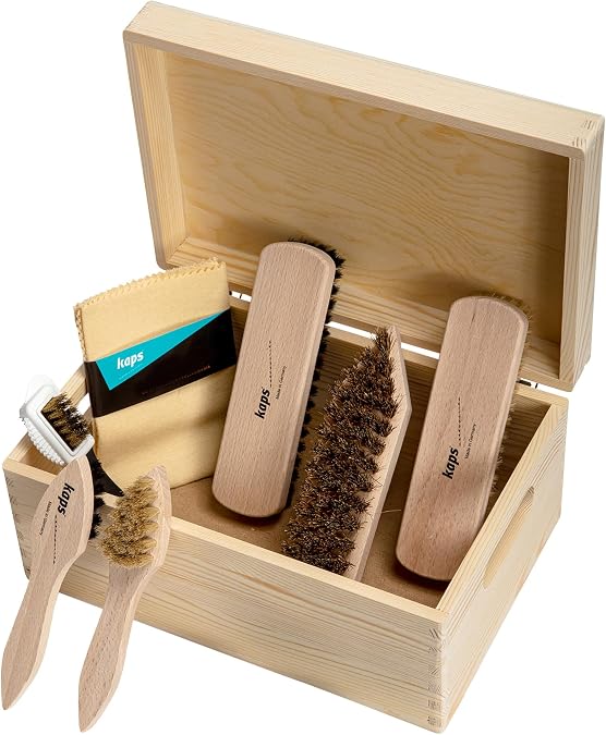 Kaps Complete Shoe Clean and Care Kit, 9 Piece Shoe Care Set for Leather Boots and Shoes, Footwear Cleaning Kit with Wooden Gift Box