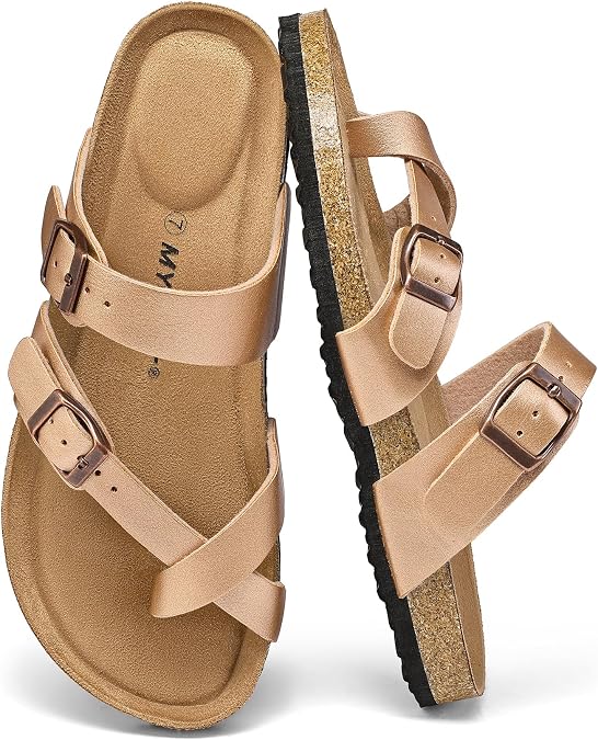mysoft Women's Cork Footbed Slide Sandals with Adjustable Buckle