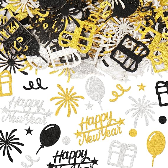 200PCS Happy New Year Confetti for Table, Gold Black Sliver Metallic 2025 New Year Eve Confetti for Home New Year Party Decoration Table Decor Supplies New Year Celebration Table Scatter