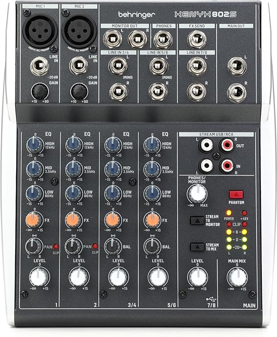 Behringer XENYX 802S Premium Analog 8-Input Mixer with USB Streaming Interface