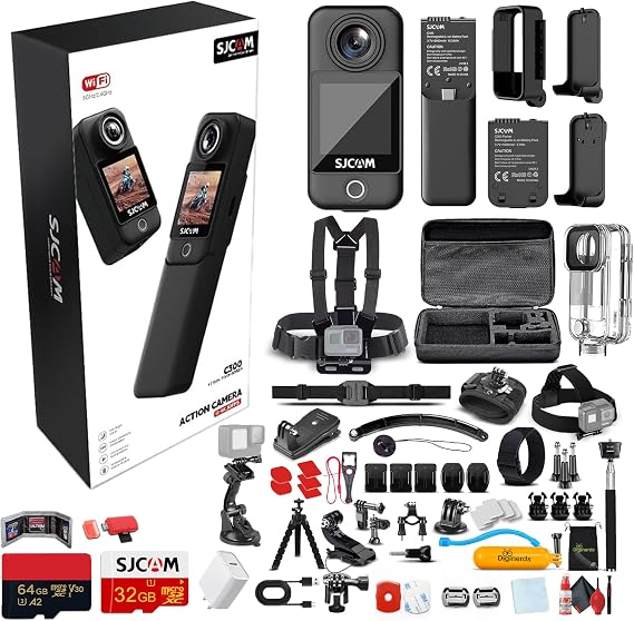 SJCAM C300 4K Dual Touchscreen Action Camera | Ultra HD Compact Vlogging Cam with Front and Rear Screens | Waterproof Mini Camera (C300B) + 50-in-1 Action Kit + 64GB Card + USB-C Adapter + More