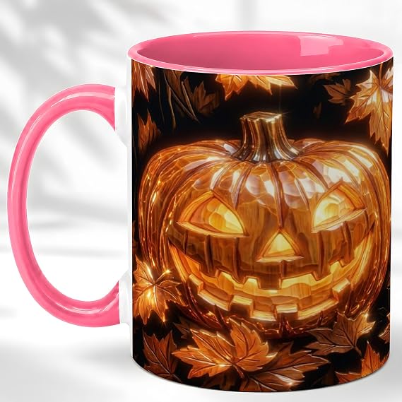 Glowing Jack O Lantern Coffee Mug, Autumn Leaves Mug, Ceramic 11 oz