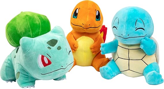 Pokemon 8" Plush Starter 3-Pack Charmander, Squirtle, Bulbasaur - Generation 1 Figure Set - Officially Licensed - Stuffed Animal Toy - Gift for Kids, Boys, Girls - 2+