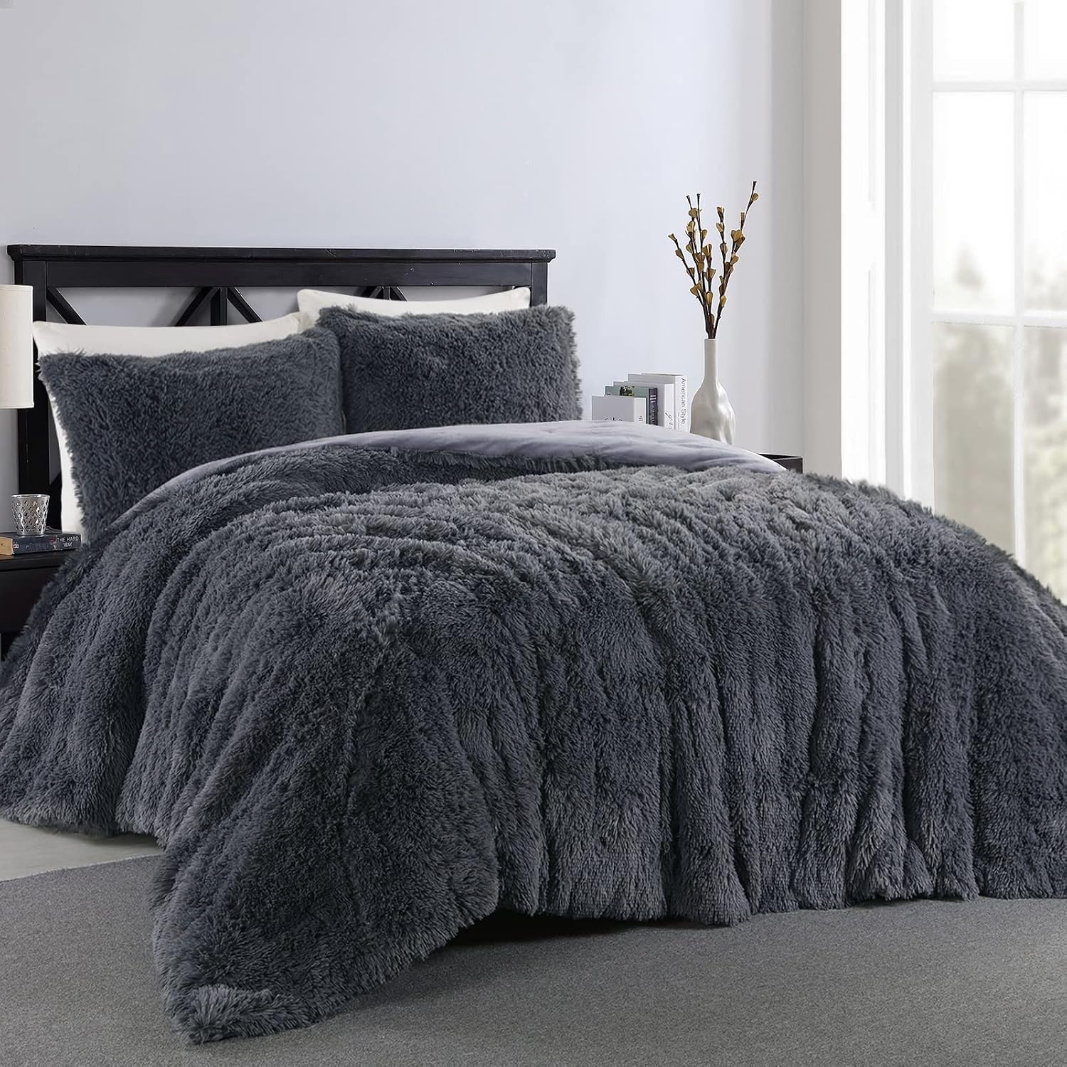 ROYALAY Fluffy Oversized King Comforter Set 120x120-3 Pieces Faux Fur Comforter Shaggy Plush Velvet Bedding Set-Ultra Soft and Warm