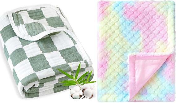 2 Pack Muslin Baby Blanket Unisex with Checkerboard Design + Tie Dye Rainbow Fleece Fluffy Fuzzy Blanket