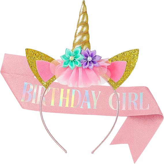 Unicorn Birthday Decorations, Unicorn Party Favors Pink Headband Sash | Glitter horn, holographic lettering, lightweight comfortable fit, ready to wear, ages 13+