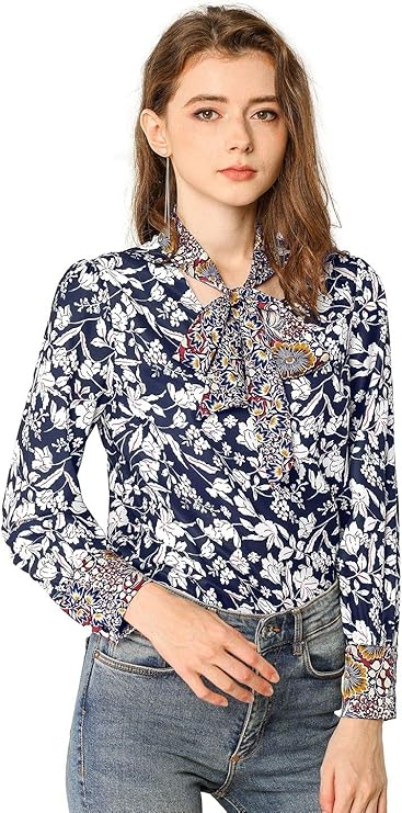 Allegra K Women's Bow Tie Long Sleeve Contrast Color Vintage Floral Blouse