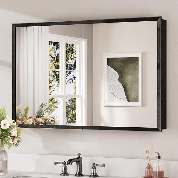 Keonjinn Black Medicine Cabinet Mirror 36 x 24, 2 Door, Assembly Needed